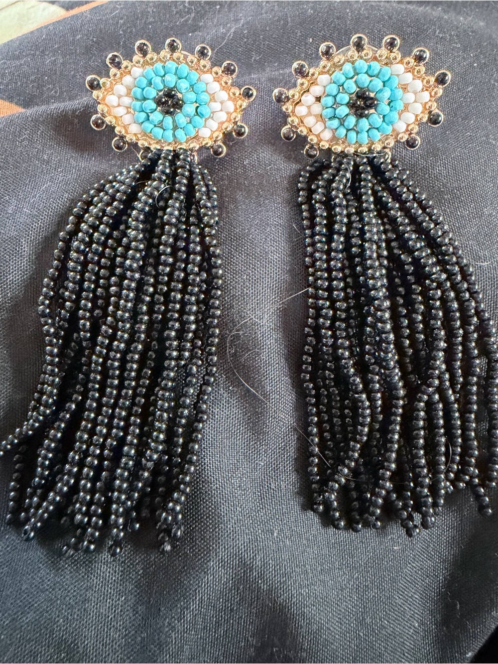 Beaded Eye Tassel Earrings - Black and Turquoise